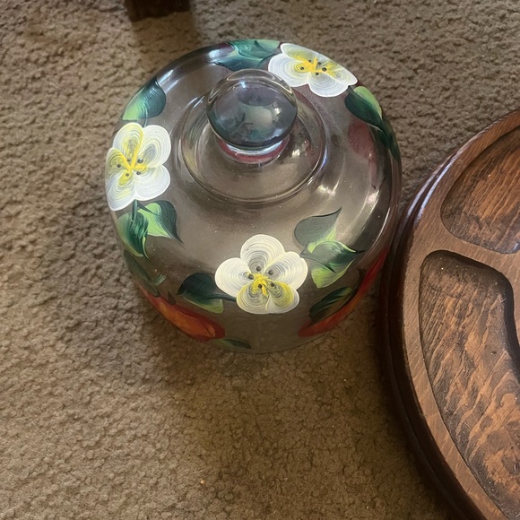 Hand-Painted Glass Cheese Dome with Wooden Base